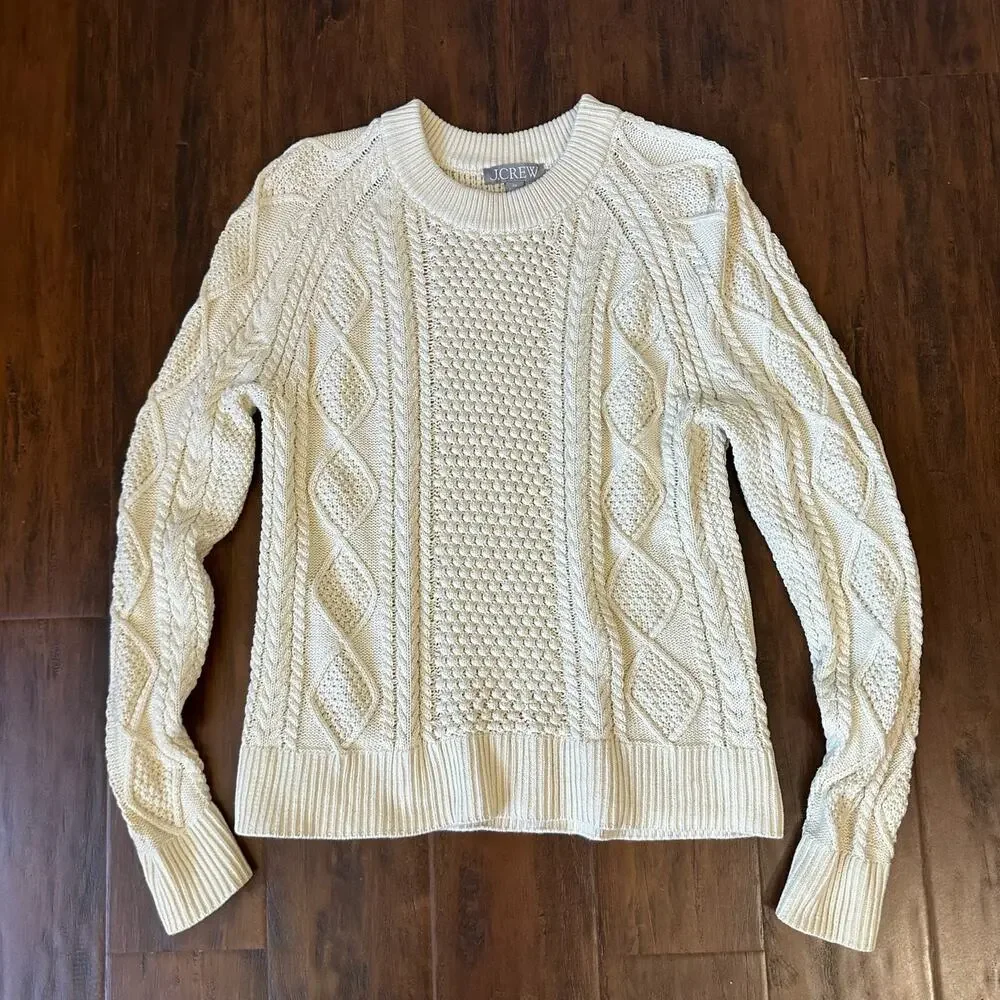 J.CREW Sweater Cream Crew Neck Pullover Cotton Cable Knit Fisherman